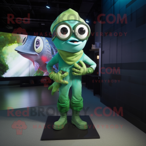 Green Cod mascot costume character dressed with a Bodysuit and Eyeglasses