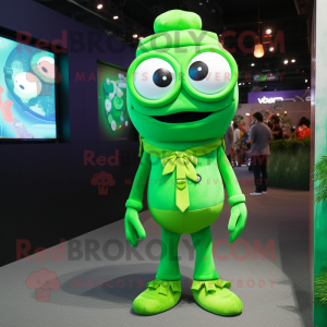 Green Cod mascot costume character dressed with a Bodysuit and Eyeglasses