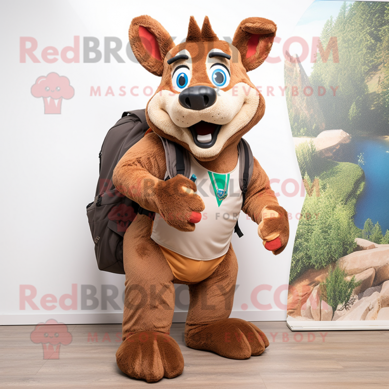 Brown Dingo mascot costume character dressed with a Capri Pants and Backpacks Brown Dingo mascot costume character dressed with a Capri Pants and Backpacks