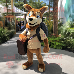 Brown Dingo mascot costume character dressed with a Capri Pants and Backpacks