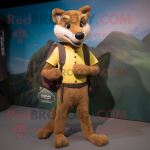 Brown Dingo mascot costume character dressed with a Capri Pants and Backpacks