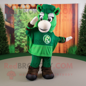 Forest Green Horseshoe mascot costume character dressed with a Sweater and Earrings