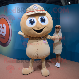 Tan Baseball Ball mascot costume character dressed with a A-Line Skirt and Smartwatches