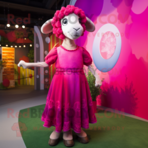 Magenta Ram mascot costume character dressed with a Maxi Dress and Brooches