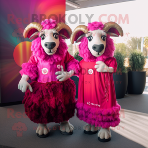 Magenta Ram mascot costume character dressed with a Maxi Dress and Brooches