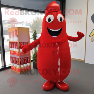 Red Bottle Of Ketchup mascot costume character dressed with a Suit Jacket and Wraps