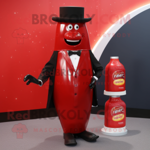 Red Bottle Of Ketchup mascot costume character dressed with a Suit Jacket and Wraps