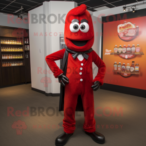 Red Bottle Of Ketchup mascot costume character dressed with a Suit Jacket and Wraps