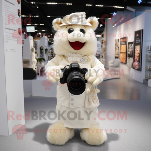 Beige Camera mascot costume character dressed with a Wedding Dress and Backpacks