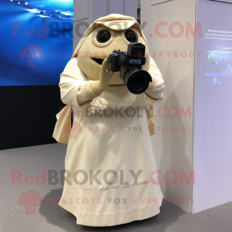 Beige Camera mascot costume character dressed with a Wedding Dress and Backpacks Beige Camera mascot costume character dressed with a Wedding Dress and Backpacks
