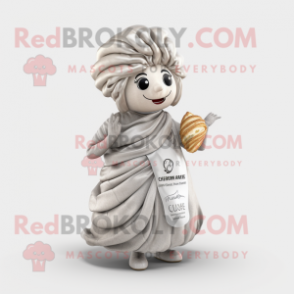 Silver Croissant mascot costume character dressed with a A-Line Skirt and Scarves