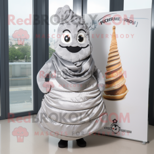 Silver Croissant mascot costume character dressed with a A-Line Skirt and Scarves