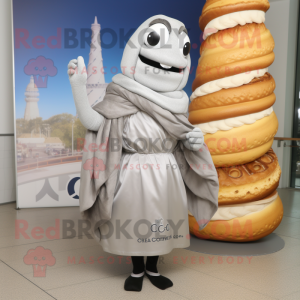 Silver Croissant mascot costume character dressed with a A-Line Skirt and Scarves