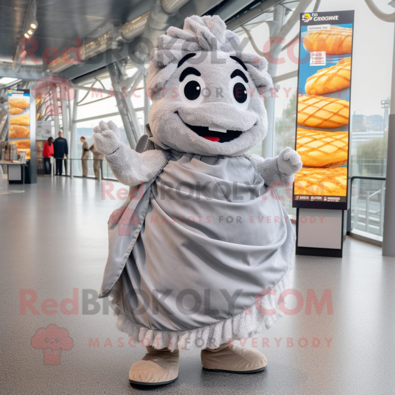 Silver Croissant mascot costume character dressed with a A-Line Skirt and Scarves