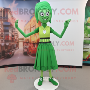 Green Stilt Walker mascot costume character dressed with a Mini Skirt and Belts