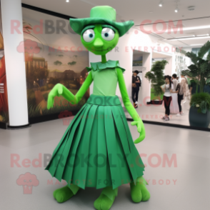 Green Stilt Walker mascot costume character dressed with a Mini Skirt and Belts