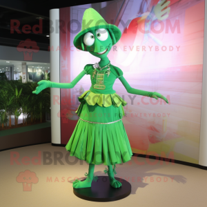 Green Stilt Walker mascot costume character dressed with a Mini Skirt and Belts