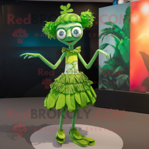 Green Stilt Walker mascot costume character dressed with a Mini Skirt and Belts