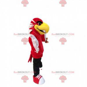Mascot red eagle with a big yellow beak. Eagle costume -