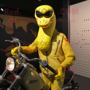 Lemon Yellow Python mascot costume character dressed with a Biker Jacket and Keychains