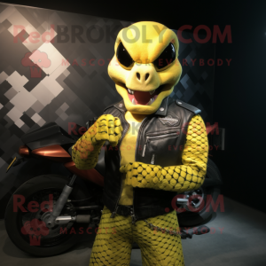 Lemon Yellow Python mascot costume character dressed with a Biker Jacket and Keychains