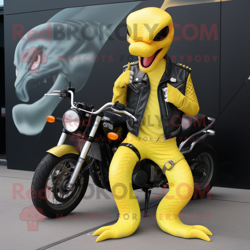 Lemon Yellow Python mascot costume character dressed with a Biker Jacket and Keychains Lemon Yellow Python mascot costume character dressed with a Biker Jacket and Keychains