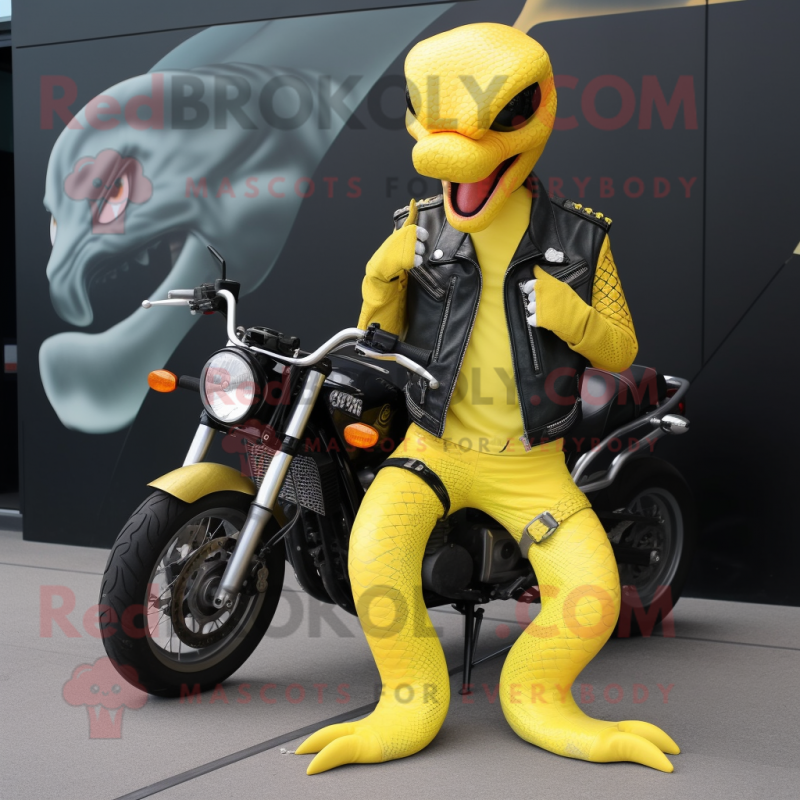 Lemon Yellow Python mascot costume character dressed with a Biker Jacket and Keychains