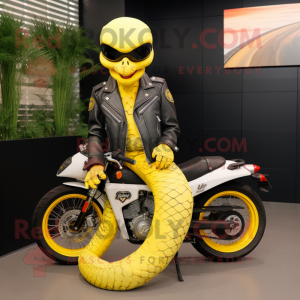 Lemon Yellow Python mascot costume character dressed with a Biker Jacket and Keychains