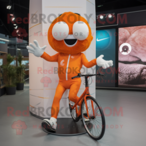 Orange Unicyclist mascot costume character dressed with a Running Shorts and Gloves