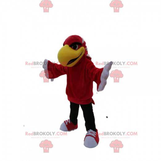 Mascot red eagle with a big yellow beak. Eagle costume -