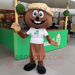 Brown Falafel mascot costume character dressed with a Polo Tee and Shoe clips