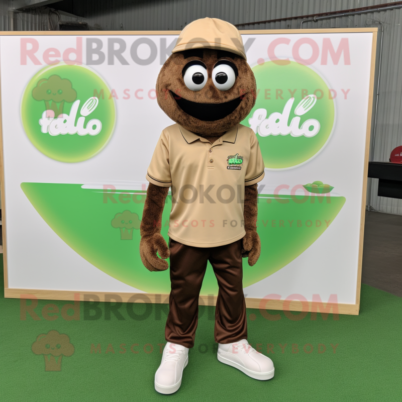 Brown Falafel mascot costume character dressed with a Polo Tee and Shoe clips Brown Falafel mascot costume character dressed with a Polo Tee and Shoe clips