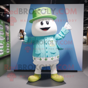 Sky Blue Green Beer mascot costume character dressed with a Running Shorts and Hat pins