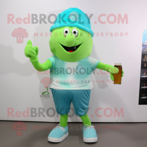 Sky Blue Green Beer mascot costume character dressed with a Running Shorts and Hat pins