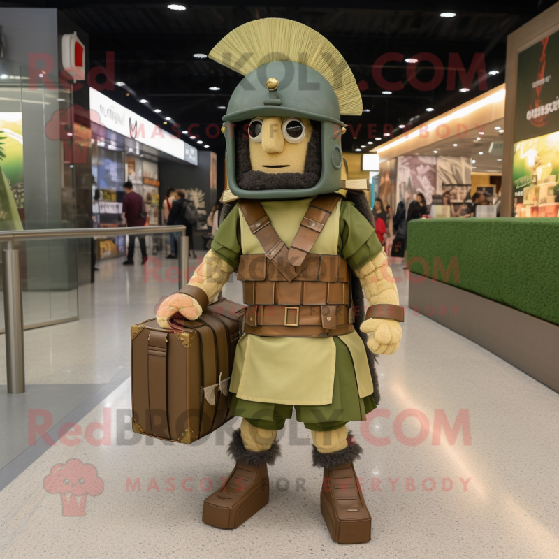 Olive Roman Soldier mascot costume character dressed with a Dress and Handbags Olive Roman Soldier mascot costume character dressed with a Dress and Handbags