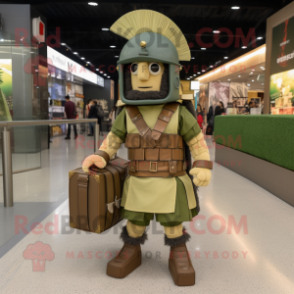 Olive Roman Soldier mascot costume character dressed with a Dress and Handbags