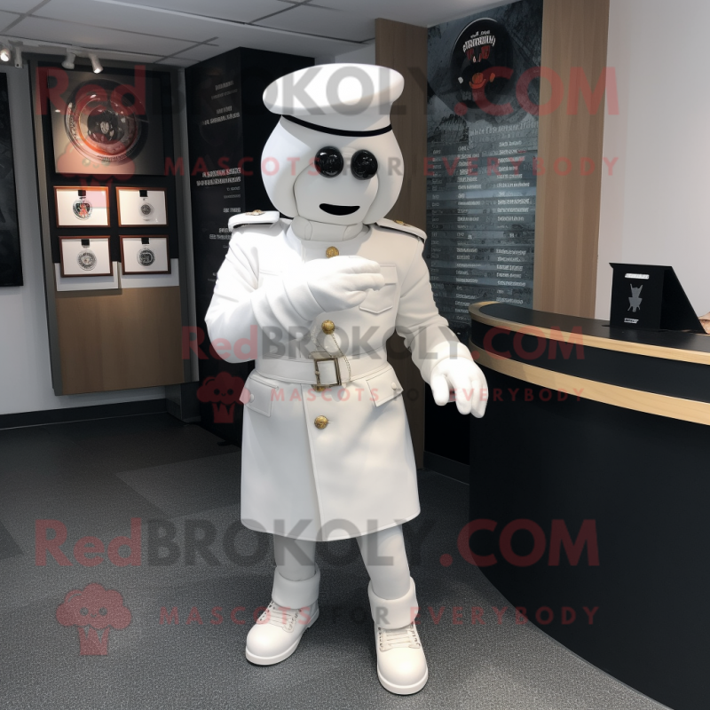 White Commando mascot costume character dressed with a Skirt and Tie pins White Commando mascot costume character dressed with a Skirt and Tie pins