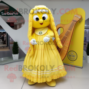 Lemon Yellow Celtic Harp mascot costume character dressed with a Skirt and Shawls