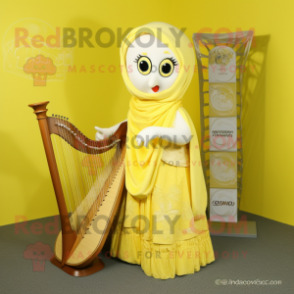 Lemon Yellow Celtic Harp mascot costume character dressed with a Skirt and Shawls