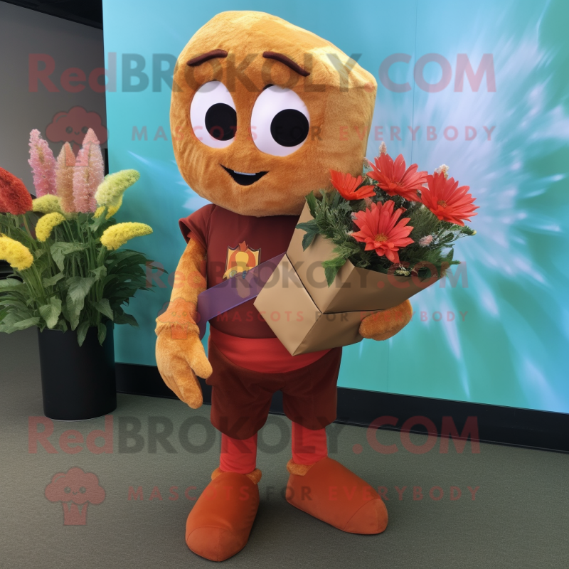 Rust Bouquet Of Flowers mascot costume character dressed with a Graphic Tee and Wallets