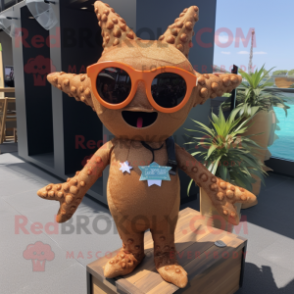 Brown Starfish mascot costume character dressed with a Playsuit and Sunglasses