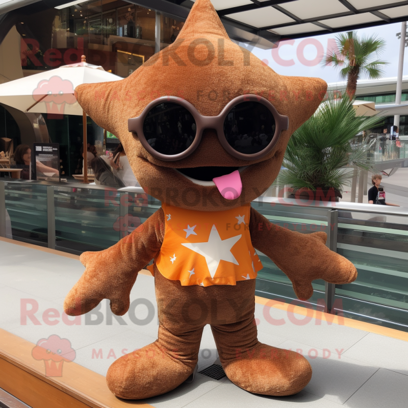 Brown Starfish mascot costume character dressed with a Playsuit and Sunglasses Brown Starfish mascot costume character dressed with a Playsuit and Sunglasses