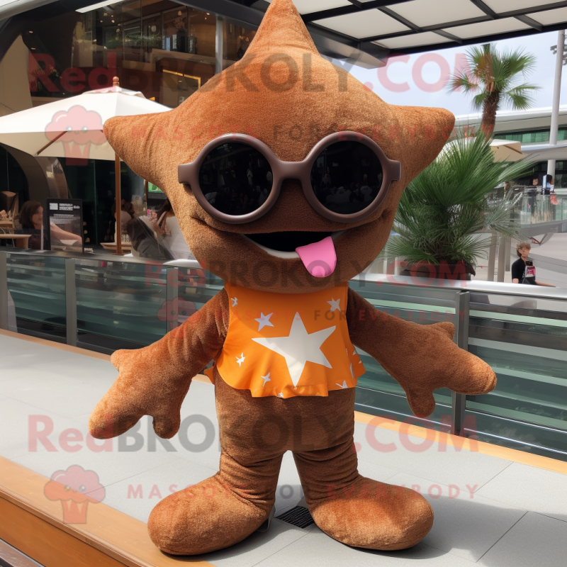 Brown Starfish mascot costume character dressed with a Playsuit and Sunglasses