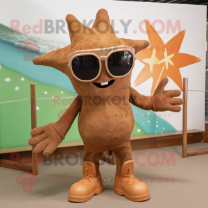 Brown Starfish mascot costume character dressed with a Playsuit and Sunglasses