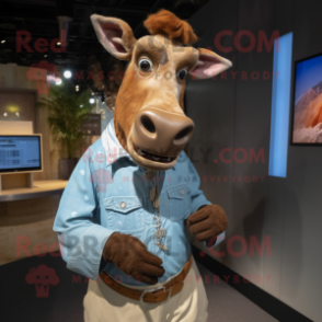 Brown Zebu mascot costume character dressed with a Chambray Shirt and Cufflinks