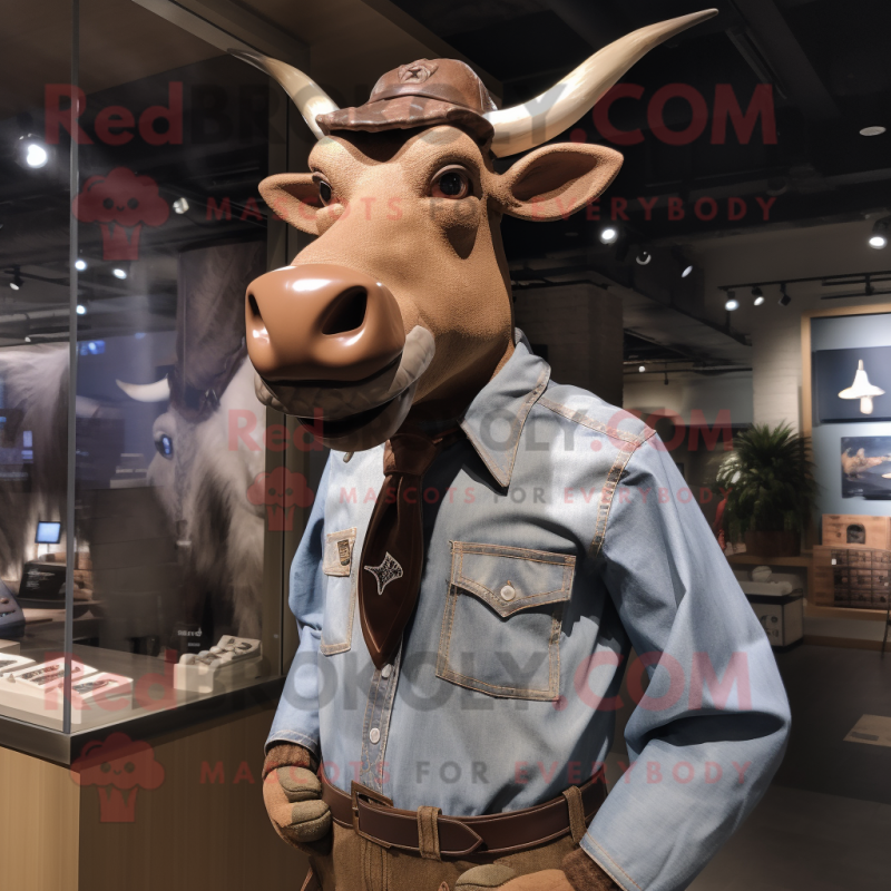 Brown Zebu mascot costume character dressed with a Chambray Shirt and Cufflinks