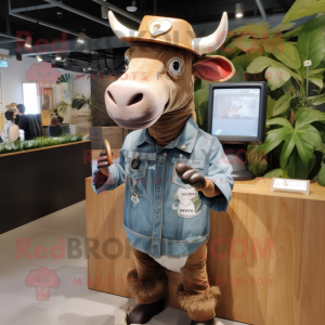 Brown Zebu mascot costume character dressed with a Chambray Shirt and Cufflinks