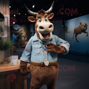 Brown Zebu mascot costume character dressed with a Chambray Shirt and Cufflinks