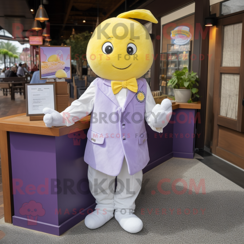 Lavender Lemon mascot costume character dressed with a Poplin Shirt and Coin purses Lavender Lemon mascot costume character dressed with a Poplin Shirt and Coin purses