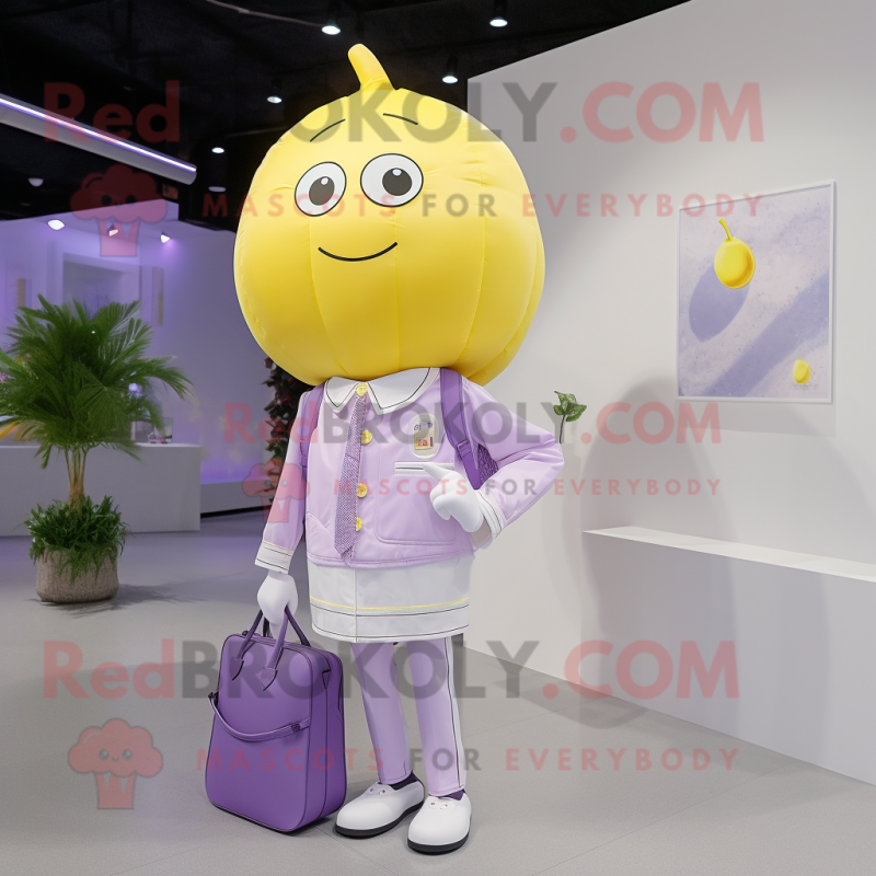 Lavender Lemon mascot costume character dressed with a Poplin Shirt and Coin purses Lavender Lemon mascot costume character dressed with a Poplin Shirt and Coin purses